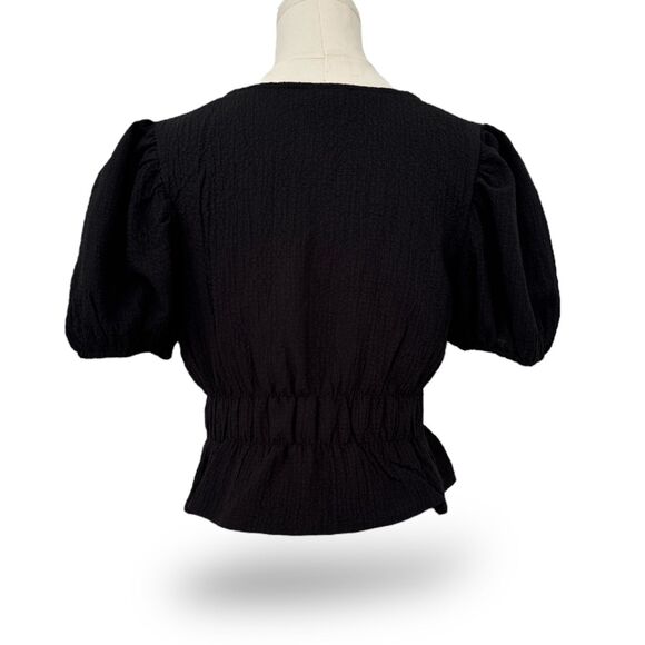 LULU'S‎ String Bow Tie Puff Sleeve V Neck Lightweight Crinkled Crepe Sz S Top - Picture 3 of 6